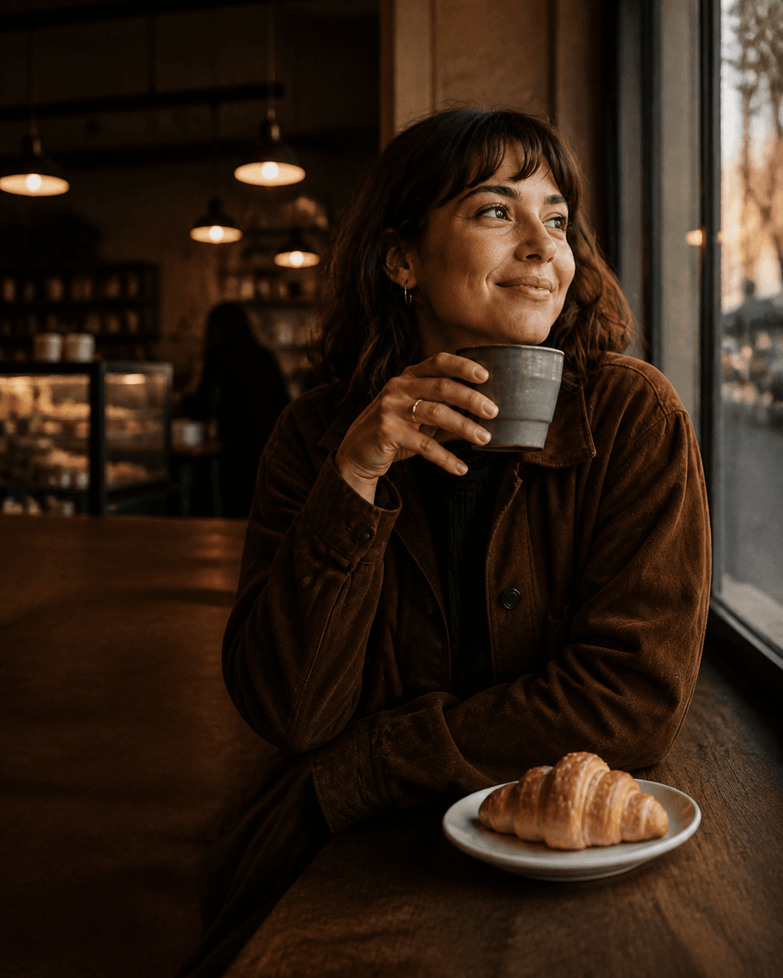 Clienta compartiendo una historia desde la cafetería